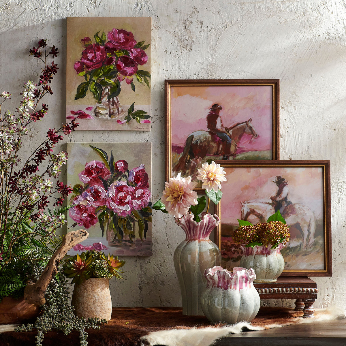 Vertical Finland pine wall art featuring a rosy whisper floral print with a natural wood frame.