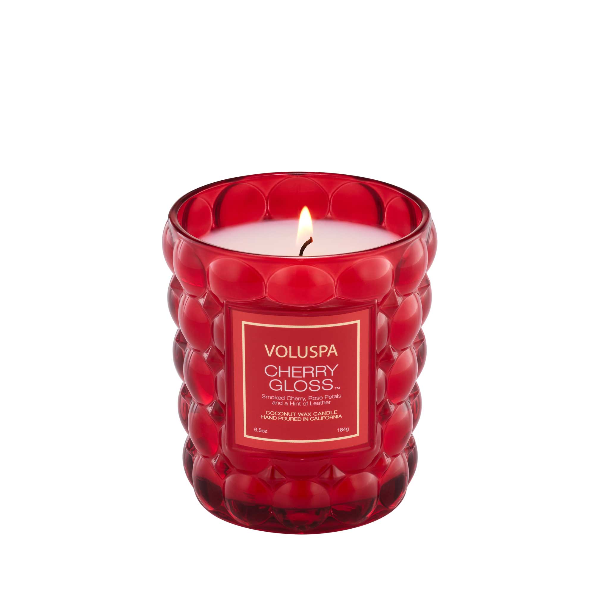 Cherry Gloss candle in a clear glass jar with natural wick