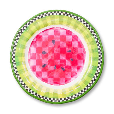 Round melamine dinner plate with a vibrant watermelon slice graphic on white background.