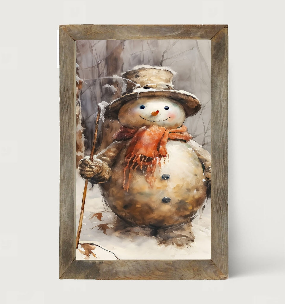 Rustic Snowman natural HX print mounted in a reclaimed barn wood frame with visible saw cuts.