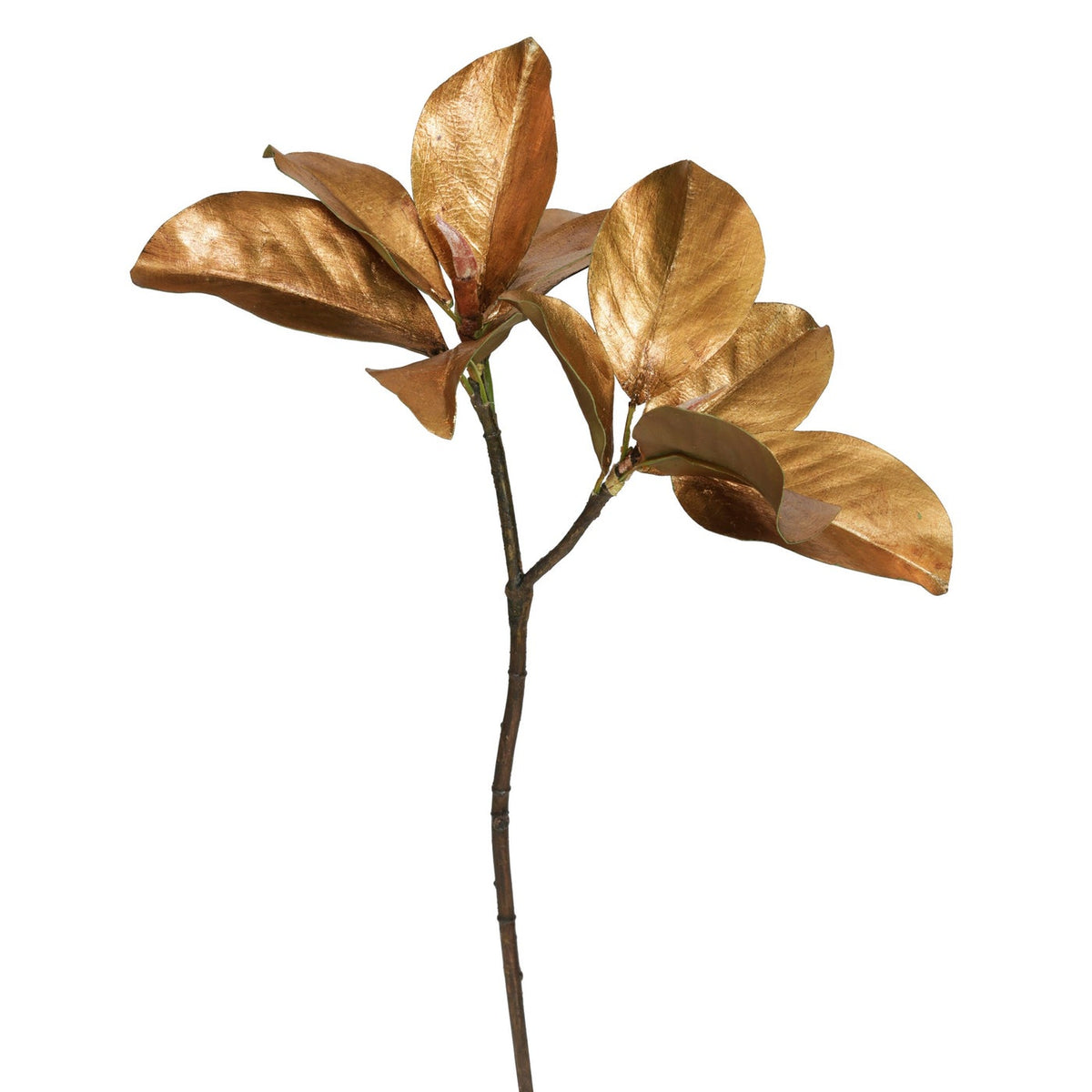 25-inch artificial magnolia leaf pick with metallic gold leaves on a brown stem.