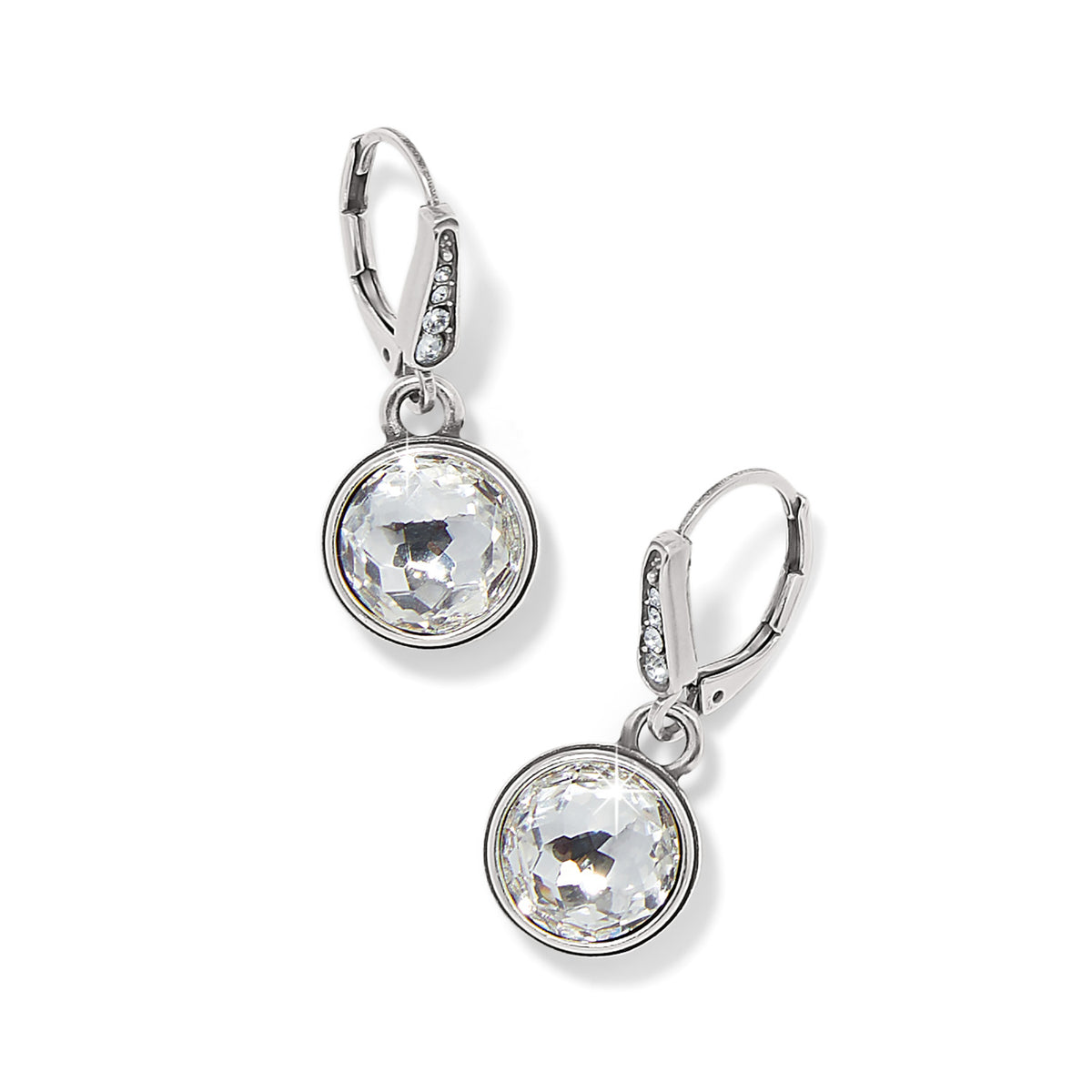 Silver plated leverback earrings featuring fine crystal stones in warm aurora hues.