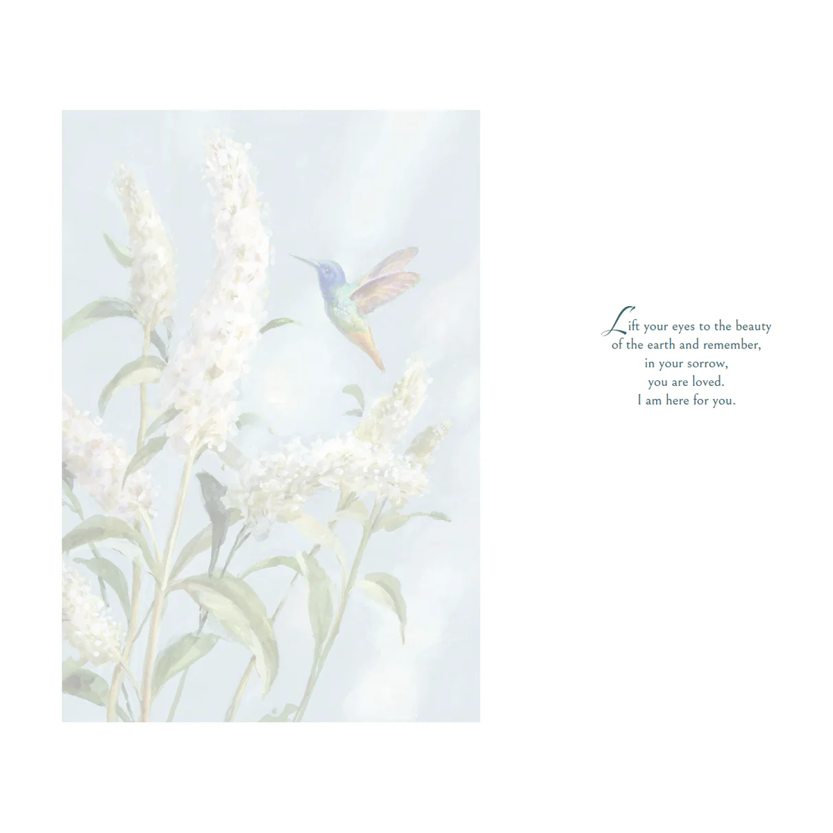 White sympathy card with gold foil hummingbird silhouette and text.