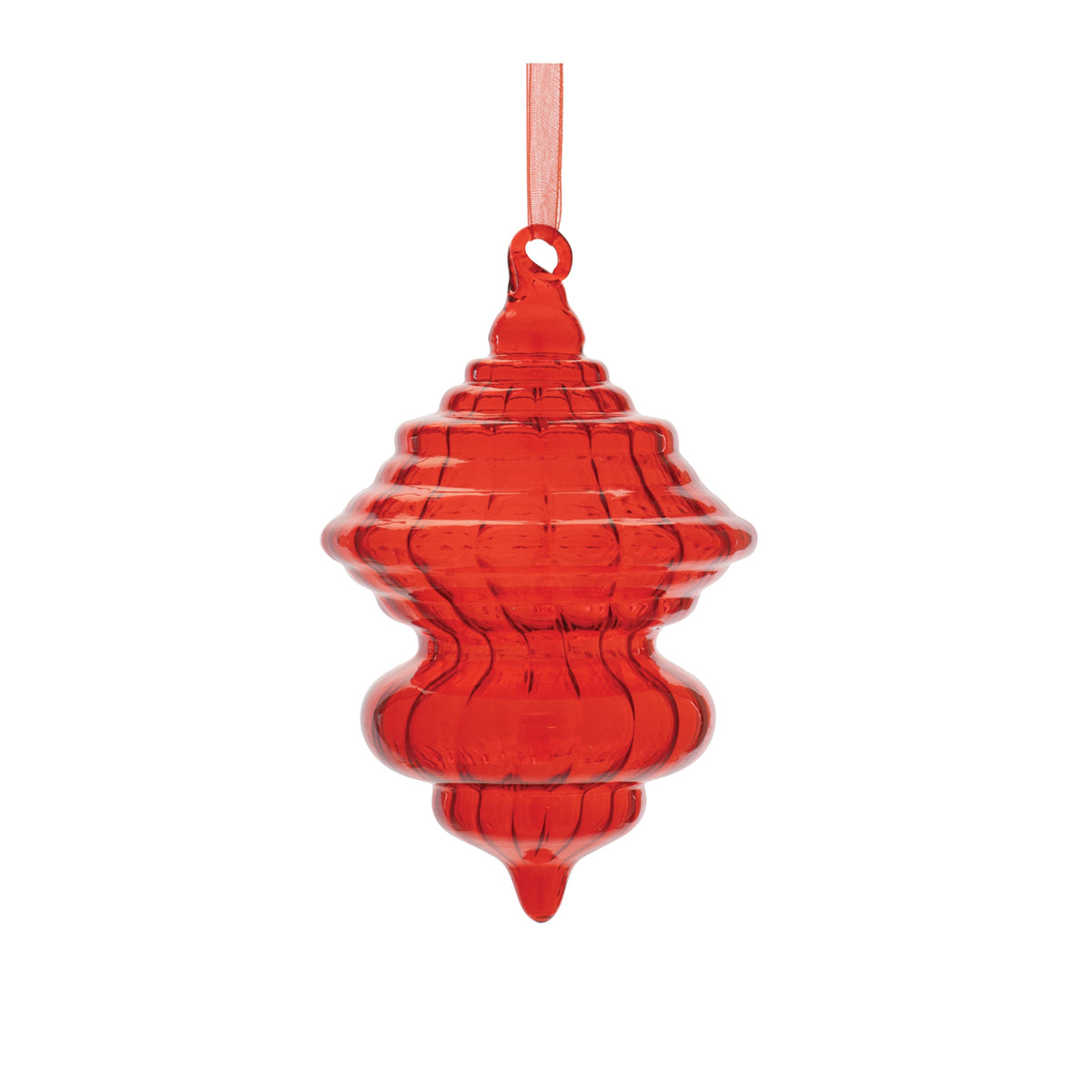 Translucent red glass ornament with a classic sculptural ribbed shape and hanging ribbon.