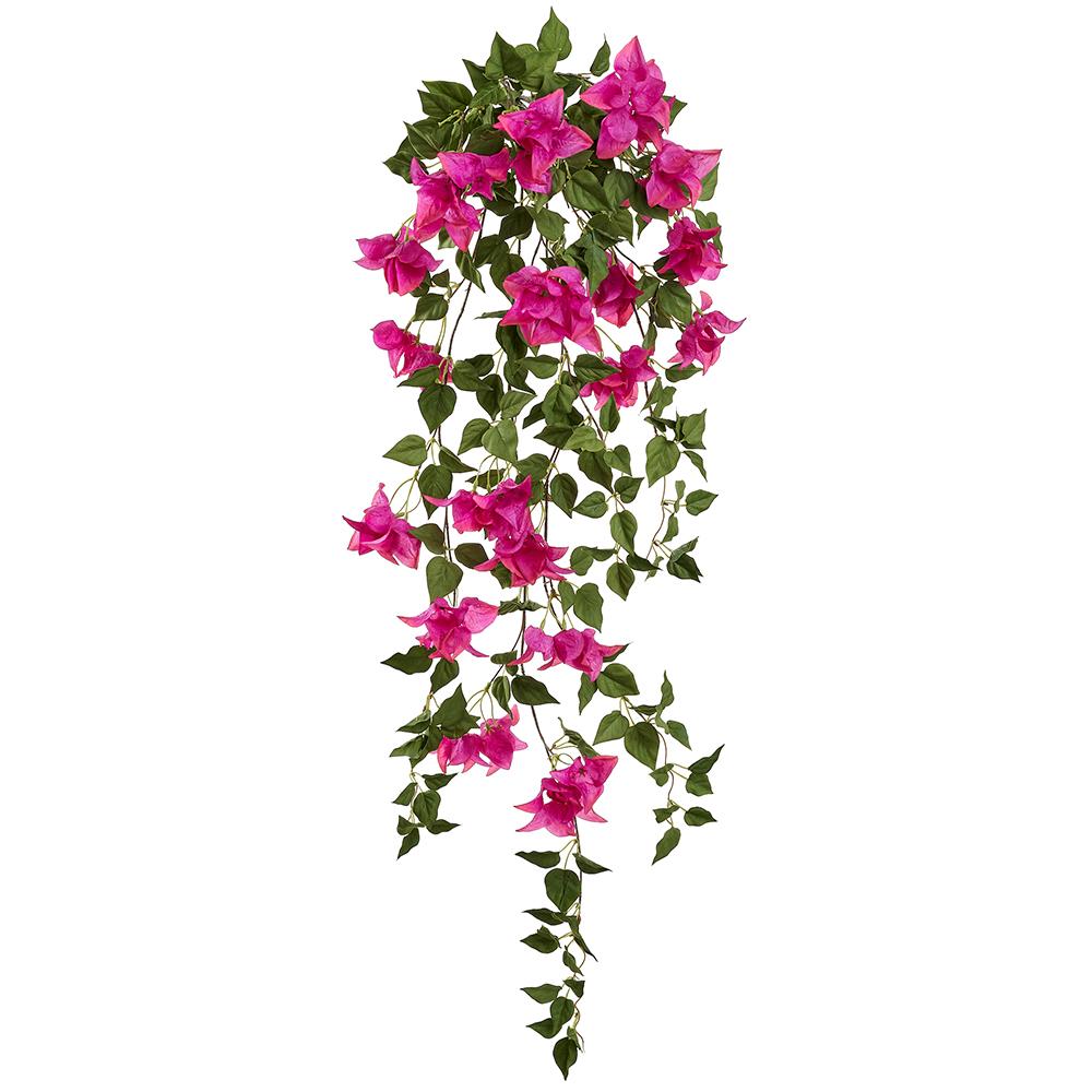 43-inch fuchsia bougainvillea hanging bush made of polyester and plastic with wire support.