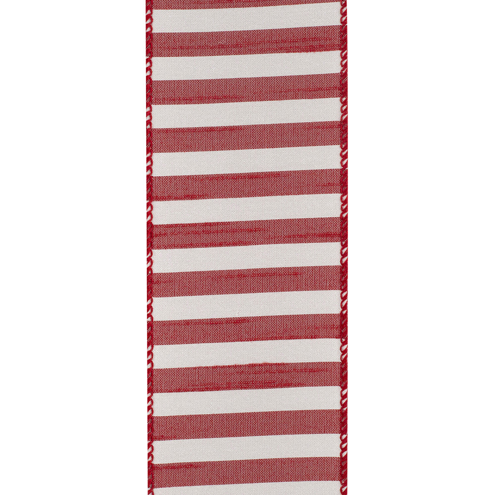 Red polyester dupioni fabric with white stripes featuring a wired edge finish.
