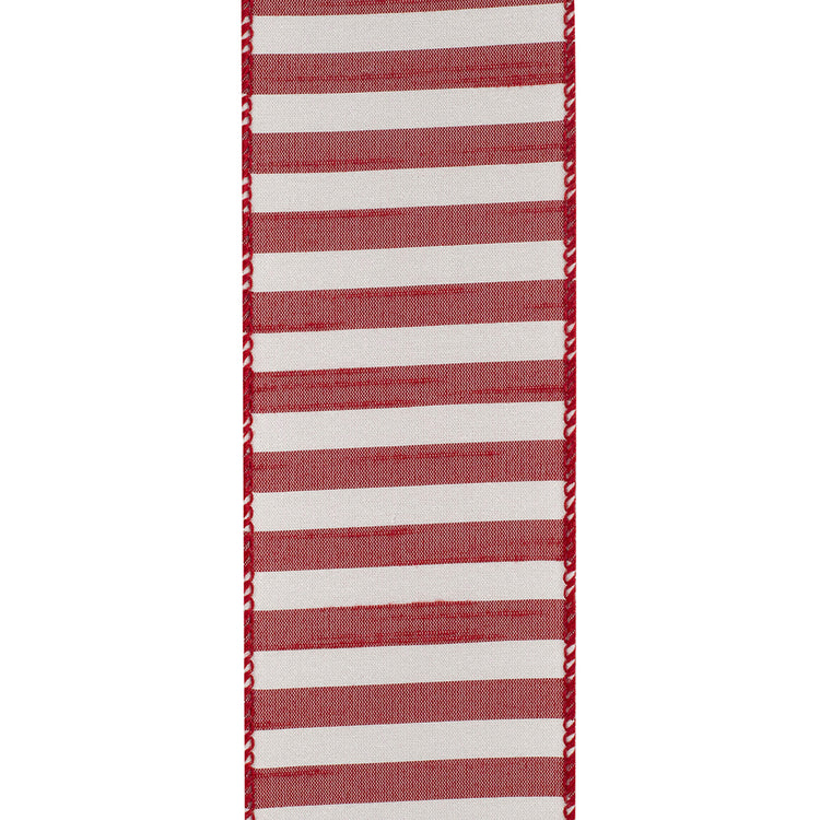 Red polyester dupioni fabric with white stripes featuring a wired edge finish.