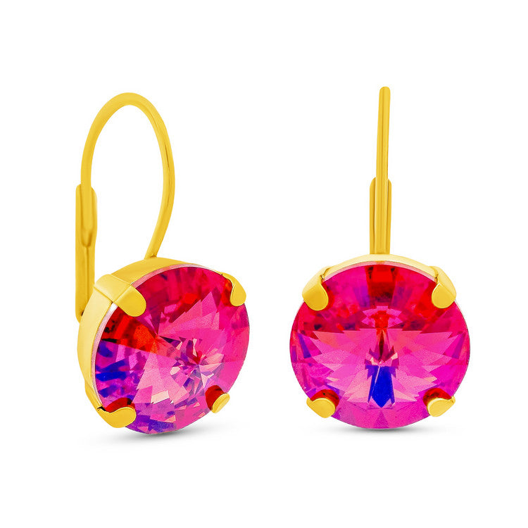 Antique gold round hoop earrings with high-quality crystals in Candy Crush color