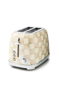 Mocha-colored stainless steel checkered two-slice toaster with a compact rectangular silhouette.