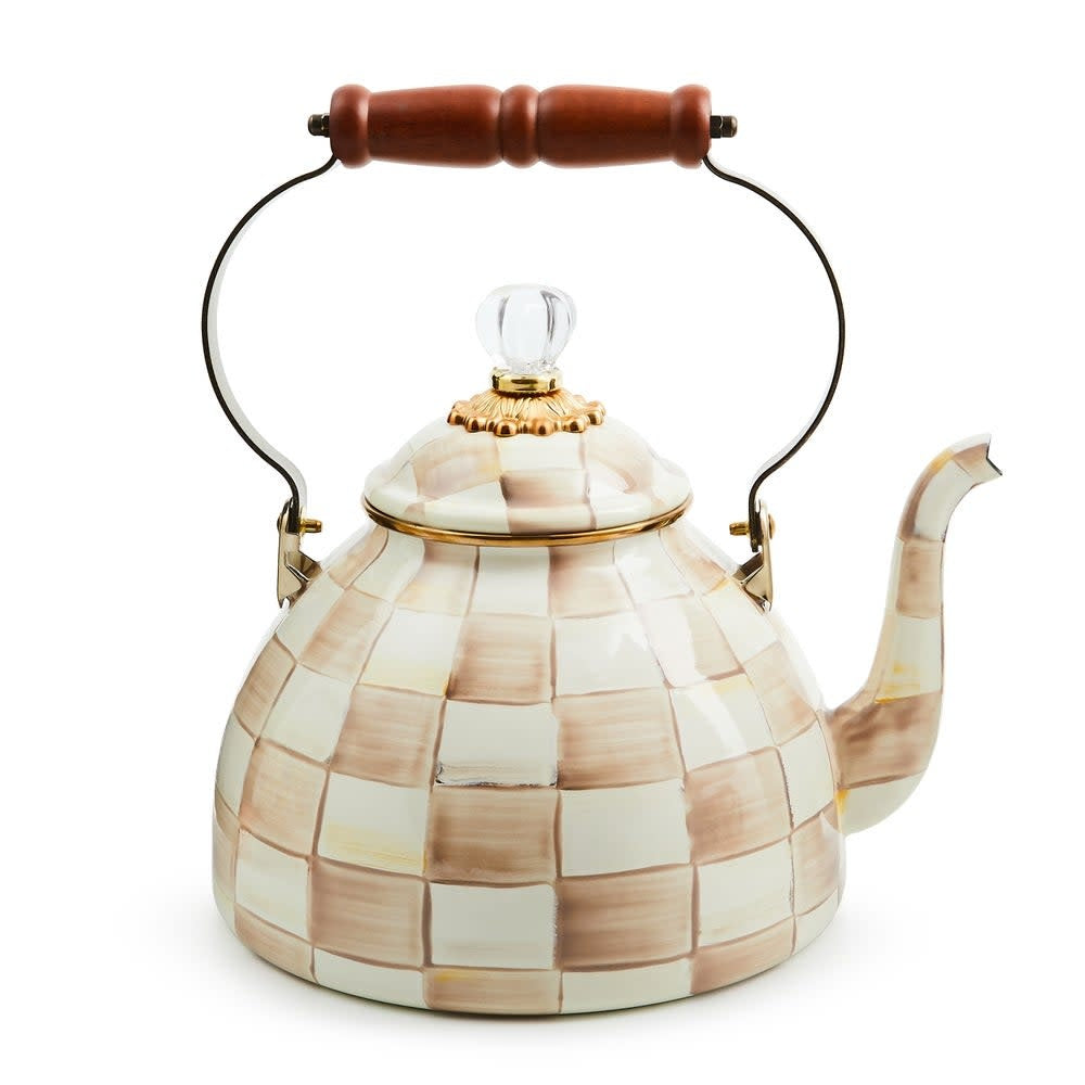 3-quart tea kettle with mocha check pattern on hand-glazed steel body and wood handle.