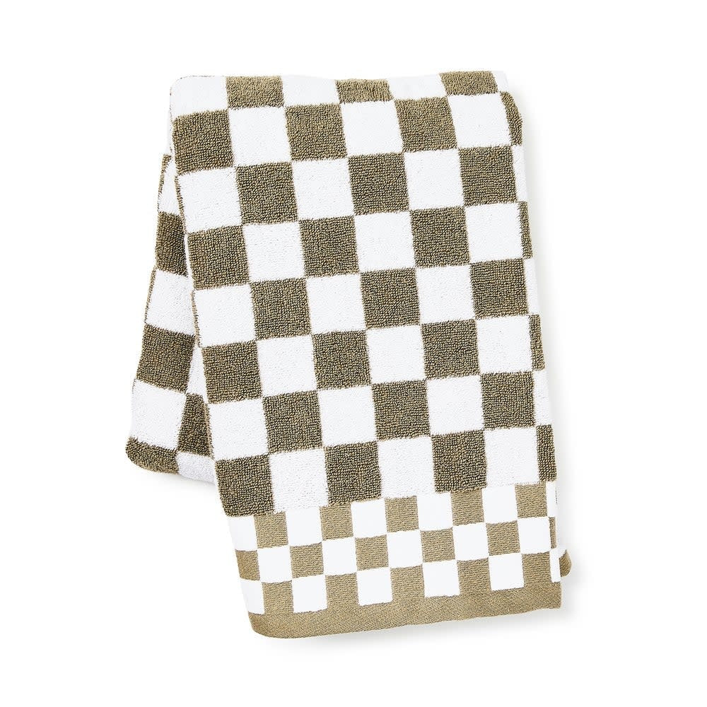 Mocha cotton check bath towel with contrasting tone squares