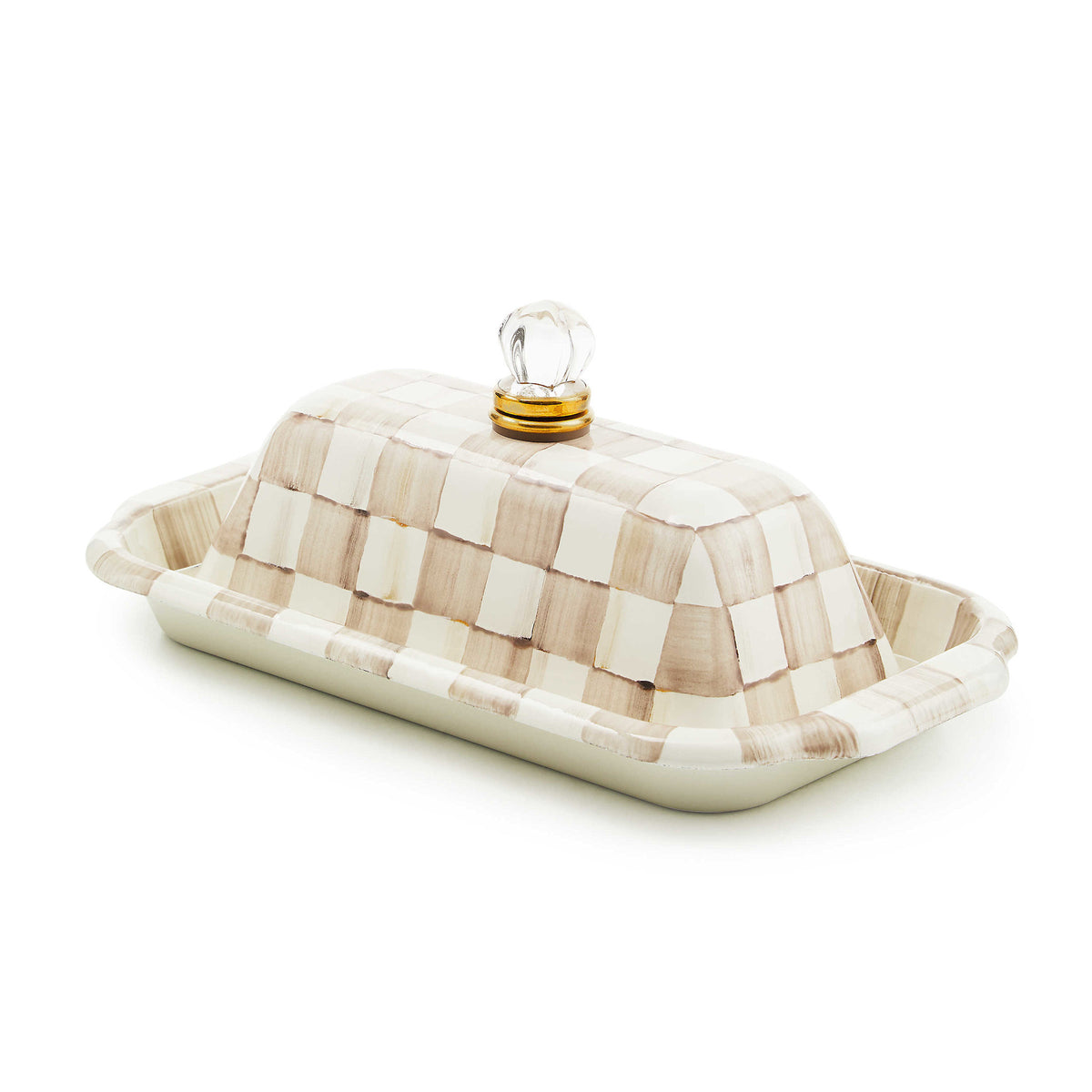 Hand-glazed steel butter box with mocha check pattern, brass accents, glass lid.