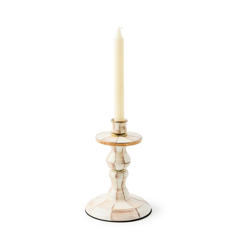 Hand-painted mocha check enamel steel candlestick with bronzed stainless rim