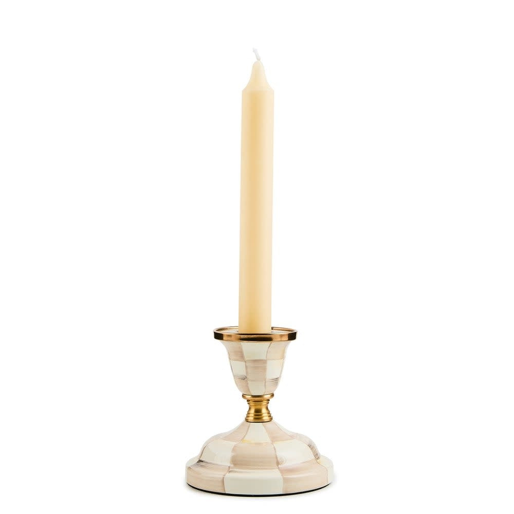 Hand-glazed steel candlestick with mocha checkered paint pattern, brass accents, and bronzed stainless steel rim.