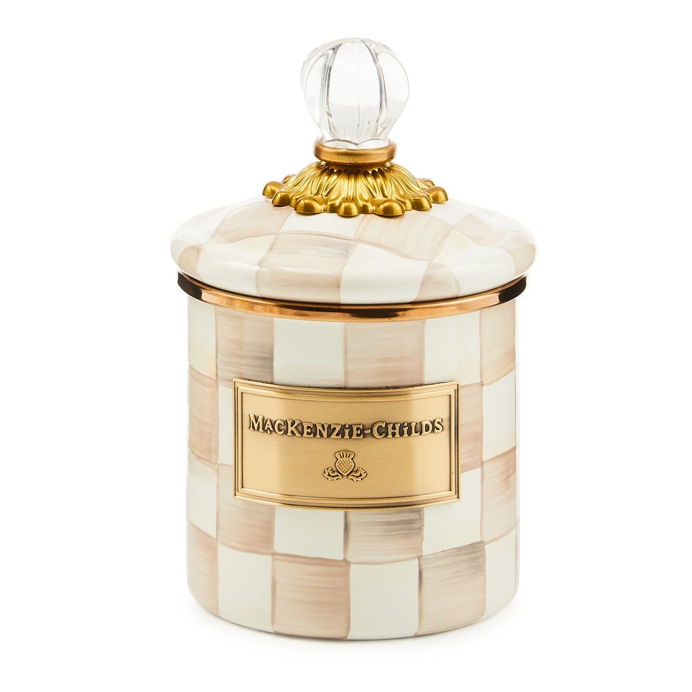 Hand-glazed steel demi canister with mocha check pattern, bronzed stainless rim, brass accents, and glass lid.