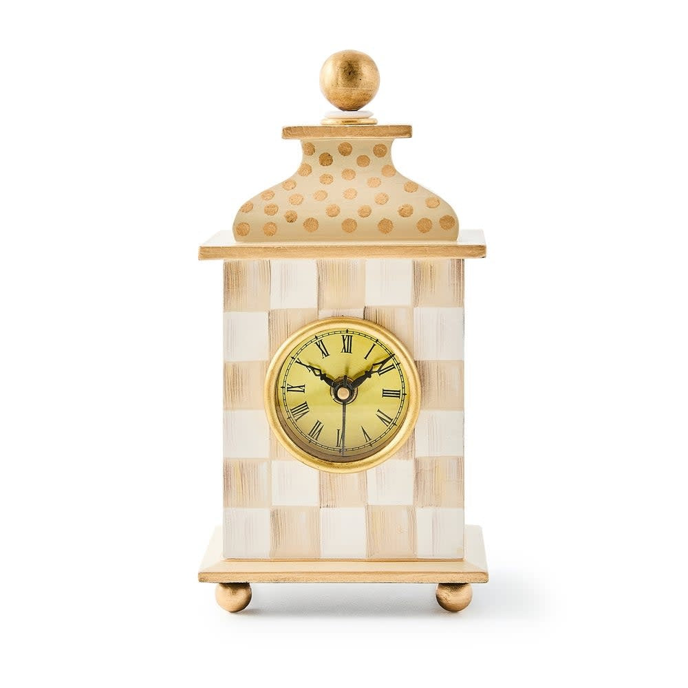 Hand-painted mocha check wood desk clock with brass accents
