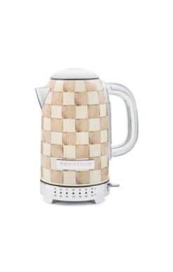 Mocha check-patterned stainless steel electric kettle with a rounded handle.