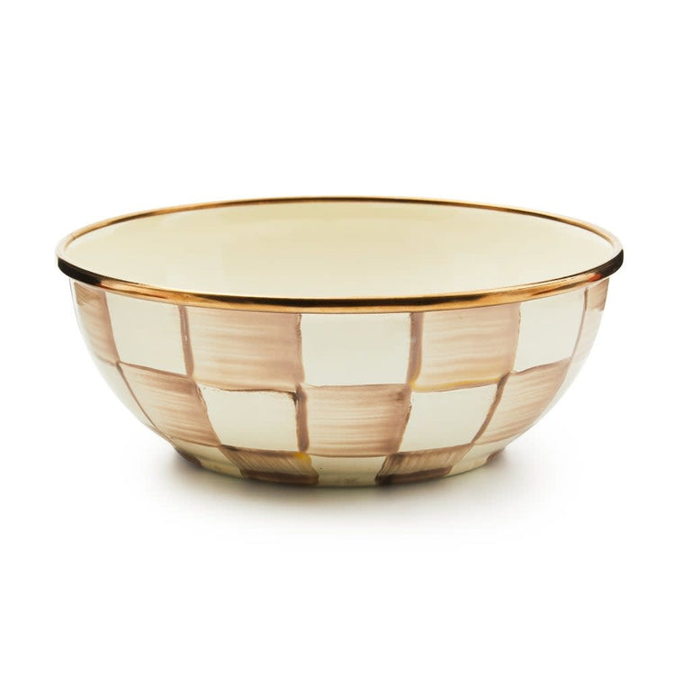 Hand-glazed steel everyday bowl with mocha check pattern on a bronzed stainless rim