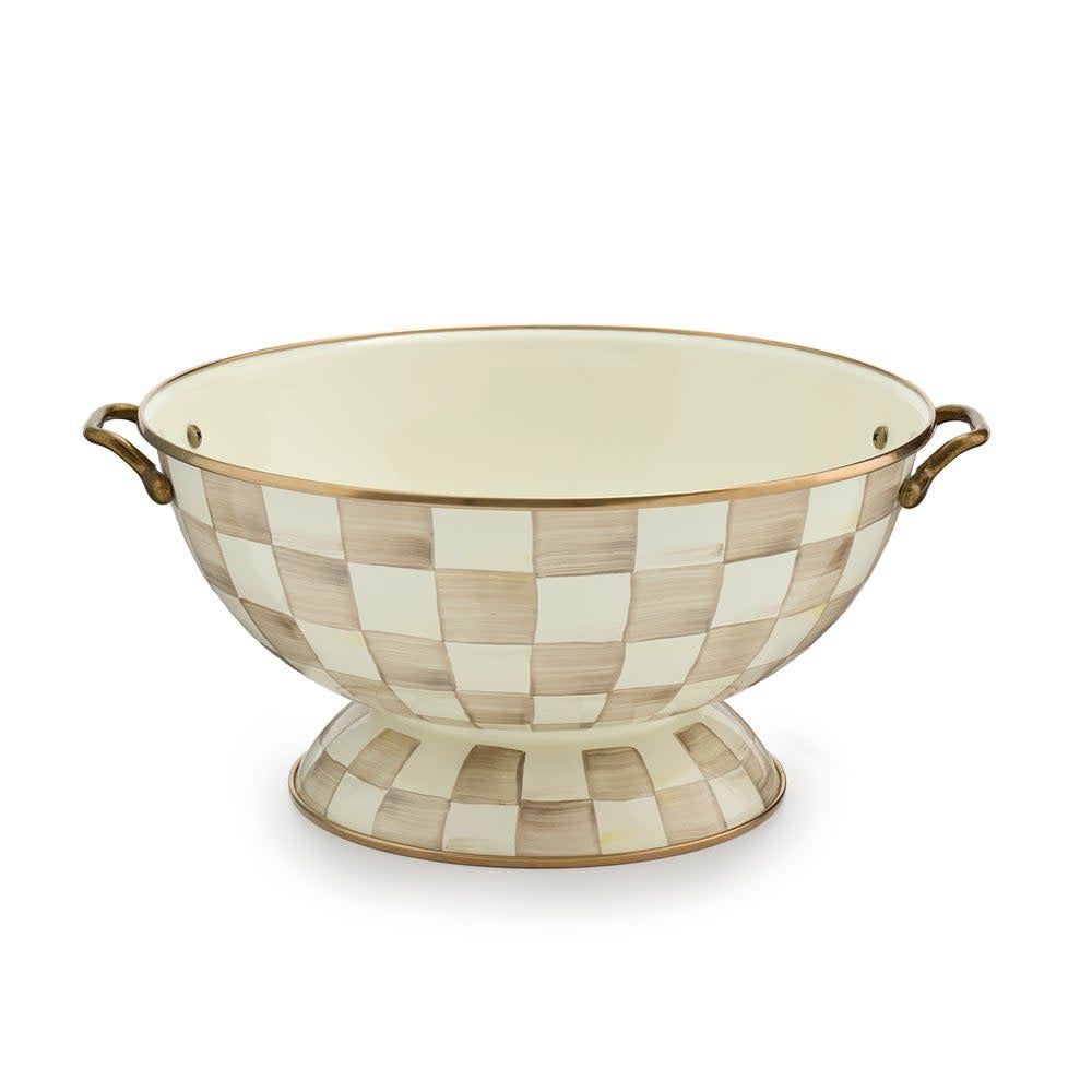 Hand-glazed steel everything bowl with mocha check pattern, bronzed stainless rim, and antiqued brass handles.