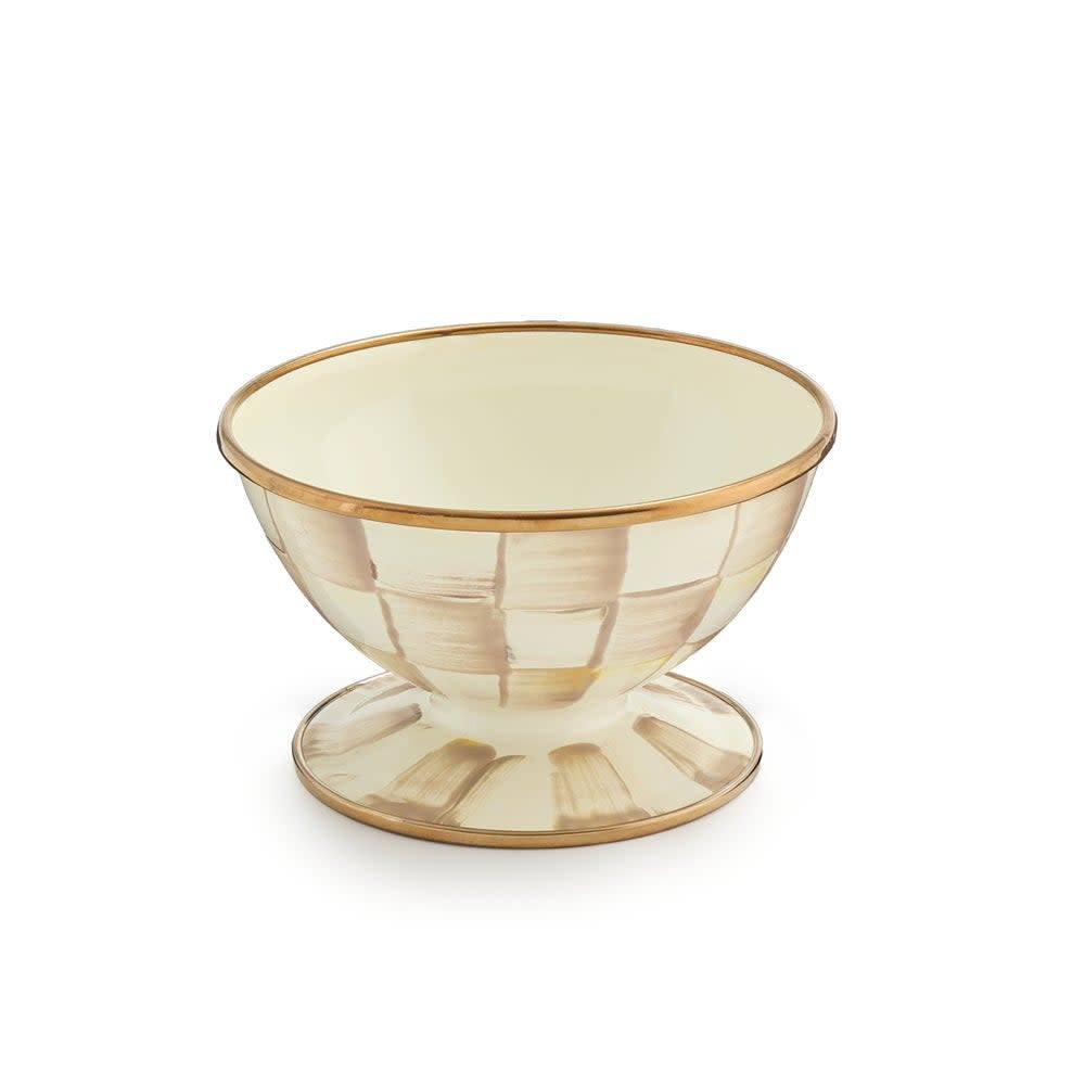 Hand-glazed steel ice cream dish with mocha check decoration and bronzed stainless steel rim