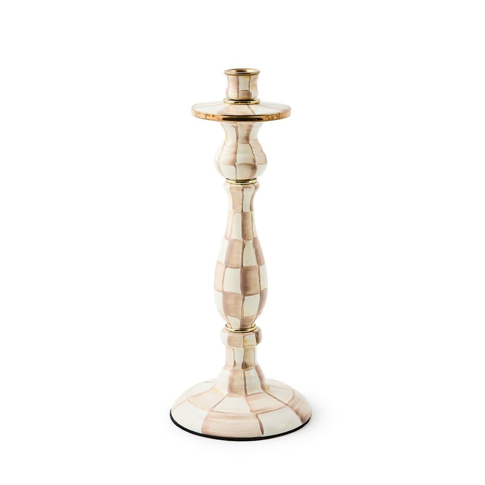 Large enameled steel candlestick with hand-painted check pattern in mocha and bronzed stainless steel rim.