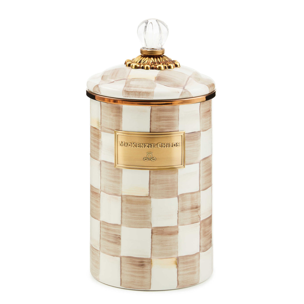 Large mocha check canister with hand-painted steel body, bronzed stainless rim, brass accents, and glass lid.