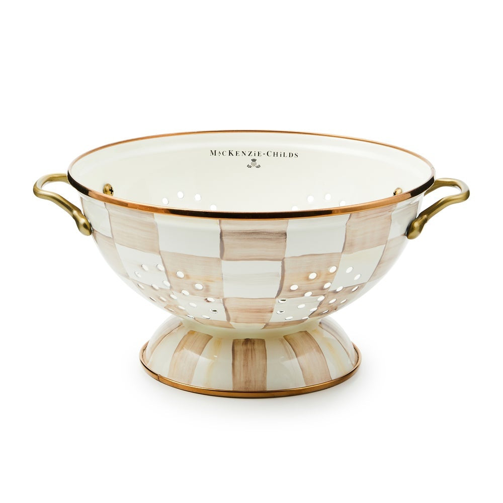Large mocha check steel colander with antiqued brass handles