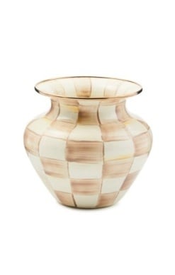 Large steel vase with hand-painted mocha check pattern on a heavy-gauge body and bronzed stainless rim.