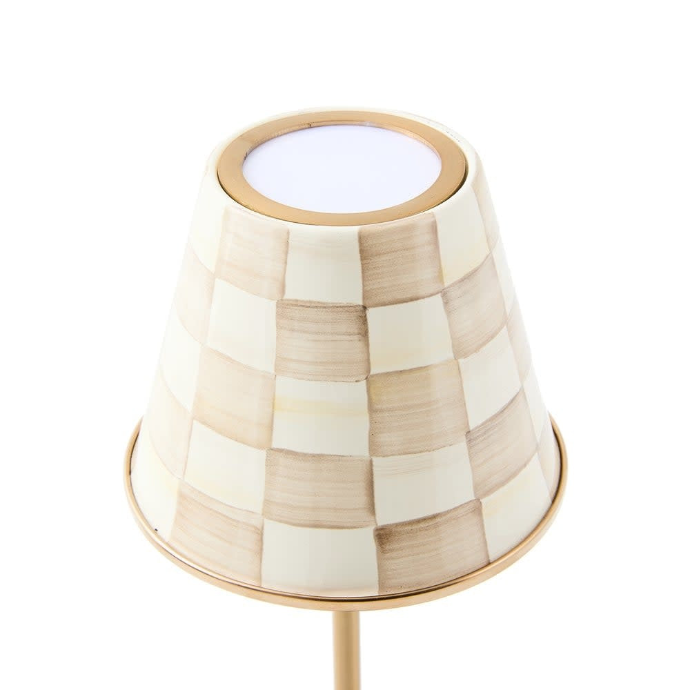 Mocha check LED rechargeable table lamp with hand-painted enamel base on mild steel.
