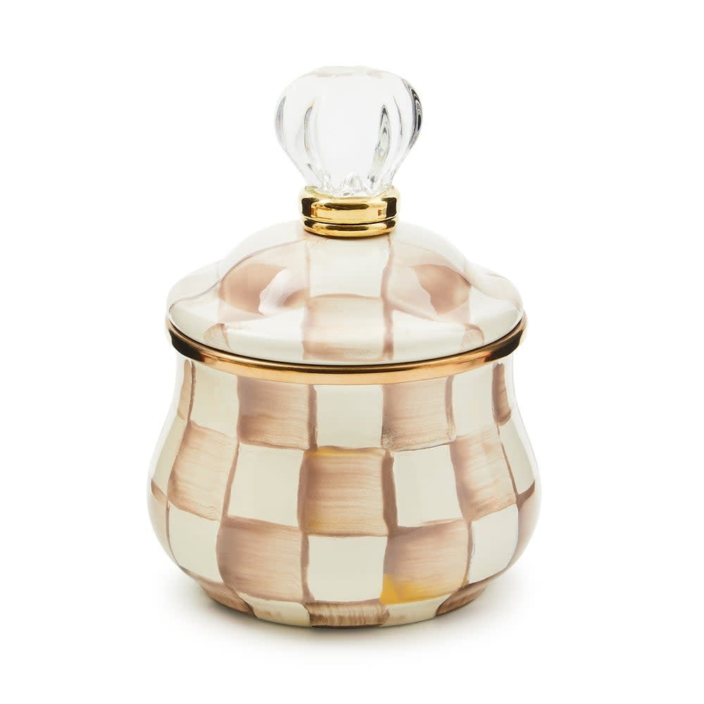 Hand-glazed steel sugar bowl with mocha checkered pattern, bronzed stainless rim, glass and brass lid accents