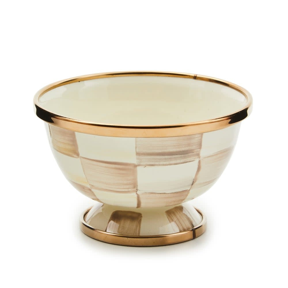 Hand-glazed steel sugar bowl with mocha checkered pattern, bronzed stainless rim, and brass accents.