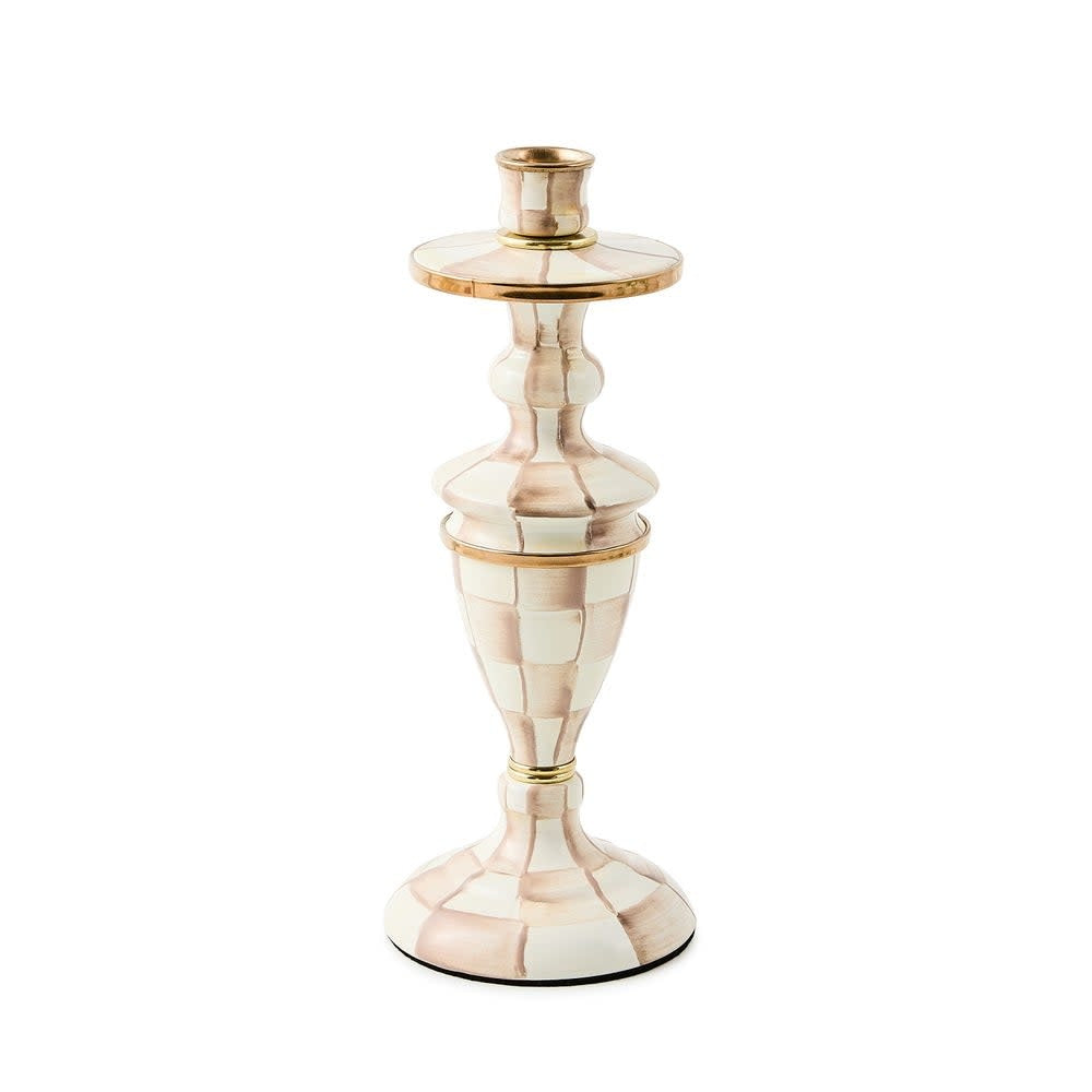 Medium enameled steel candlestick with hand-painted check pattern in mocha and bronzed stainless steel rim.