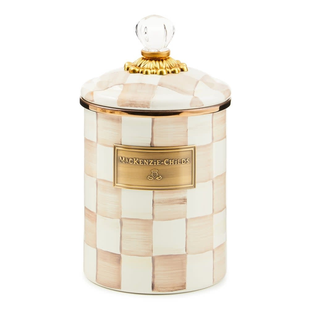 Medium canister with hand-painted mocha check pattern on steel body, bronzed stainless rim, brass and glass accents.