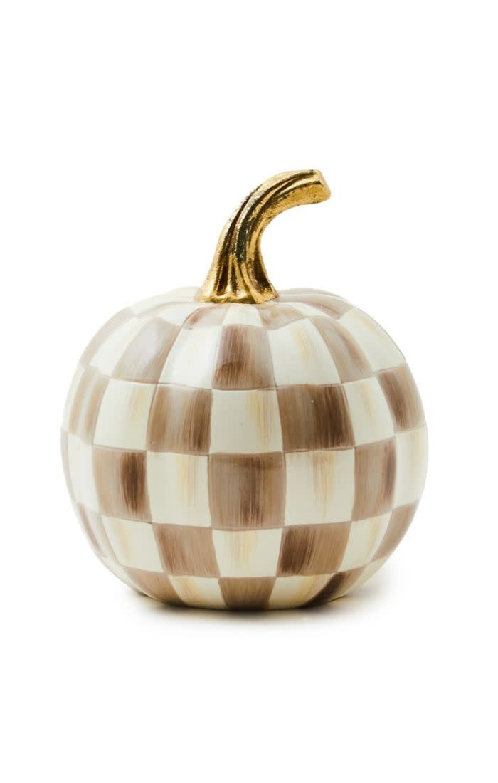 Resin mini pumpkin with mocha check pattern, warm tones, classic silhouette.