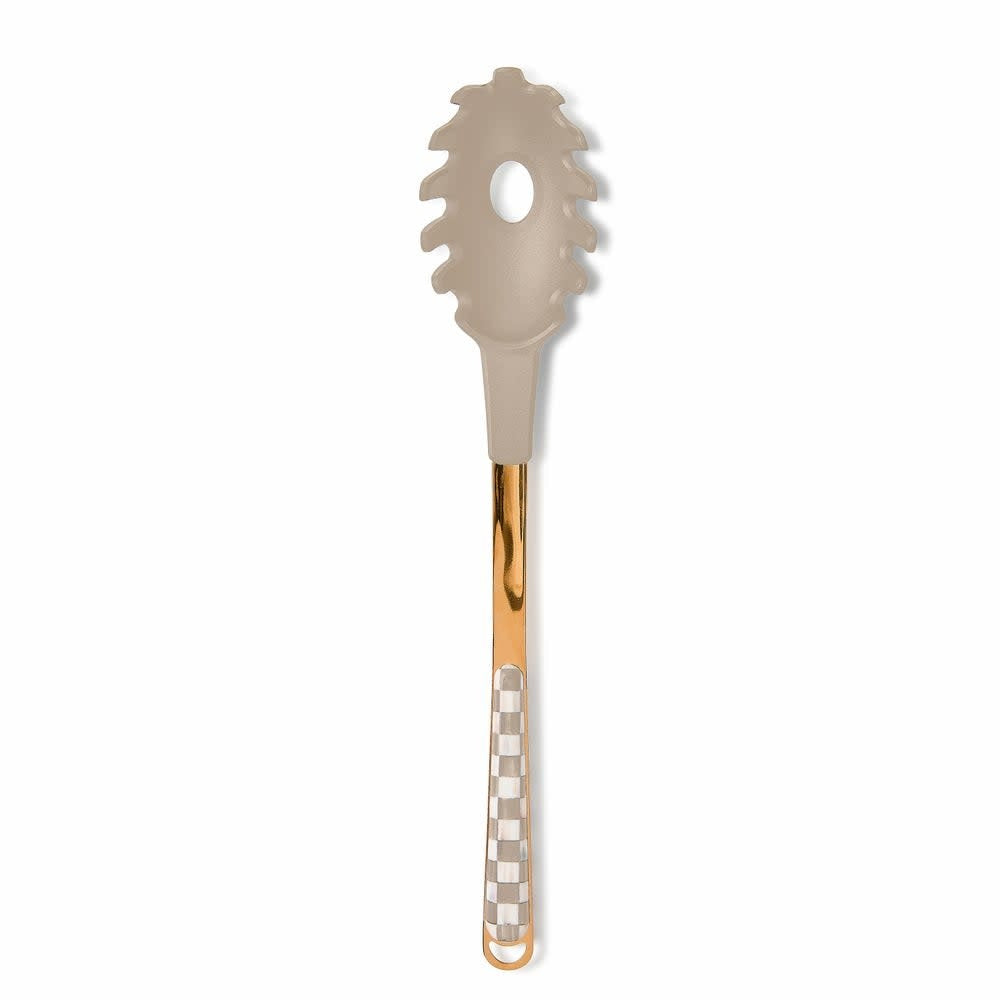 Mocha check pasta spoon with silicone-coated head and bronzed stainless steel handle featuring coffee-colored checks.