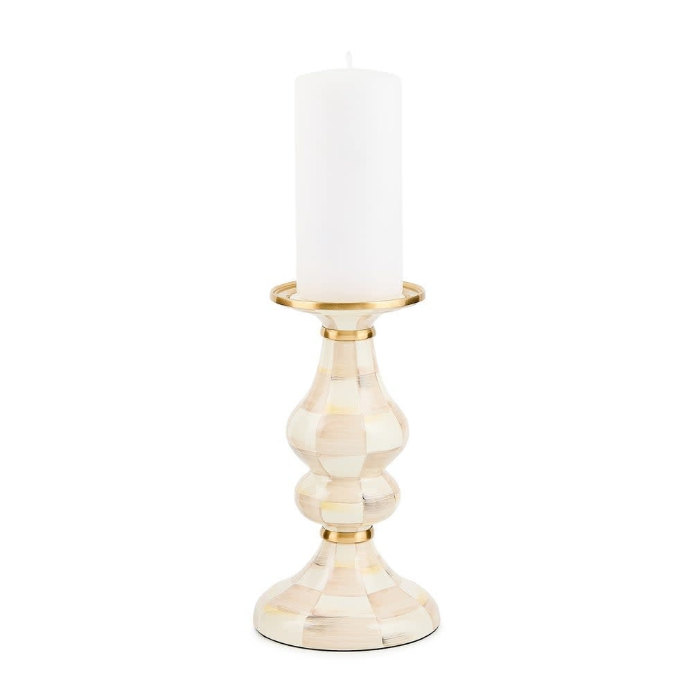 Mocha check-pattern steel pillar candlestick with brass accents