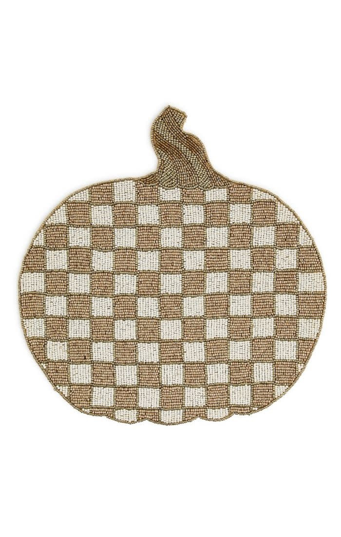 Round mocha check placemat with pumpkin shape made of glass beads on cotton.