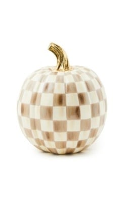 Small resin pumpkin with mocha check pattern in warm brown tones