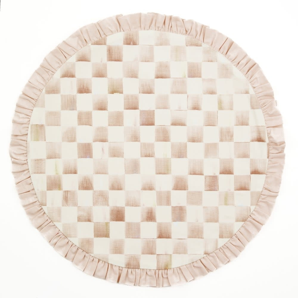 Round mocha cotton placemat with checkered digital print and ruffled edge trim