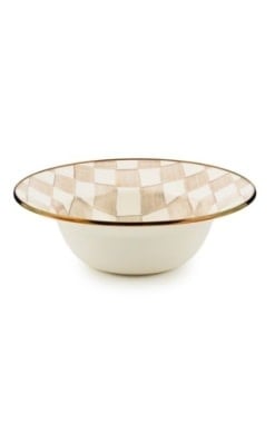 Hand-glazed steel serving bowl with mocha checkered pattern and bronzed stainless rim