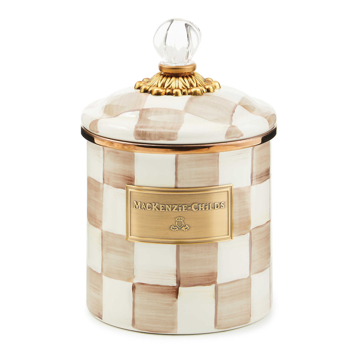 Small round steel canister with hand-painted mocha check pattern, bronzed rim, brass accents, and glass lid.