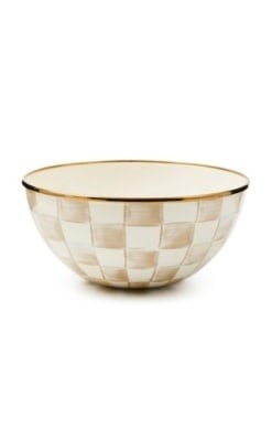 Small everyday bowl with hand-painted mocha check pattern on steel body and bronzed stainless rim.