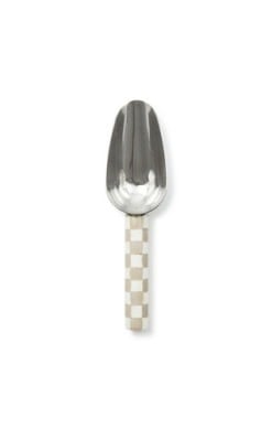 Small stainless steel scoop with hand-painted checkered decoration in mocha tones.