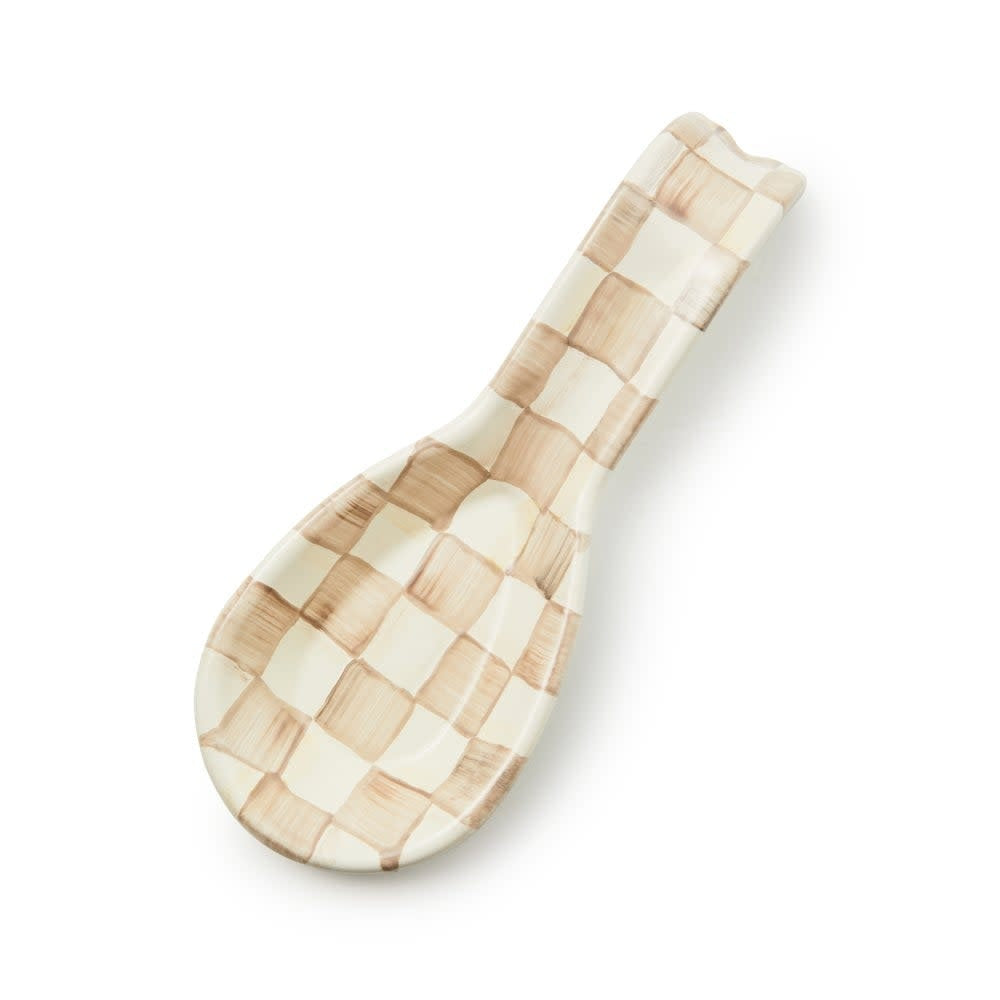 Hand-glazed steel spoon rest with hand-painted mocha check pattern.