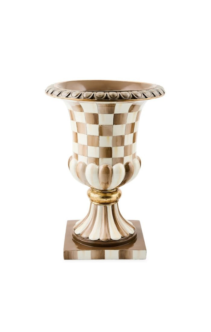 Mocha checkered resin tabletop pedestal urn with a tapered cylindrical shape.