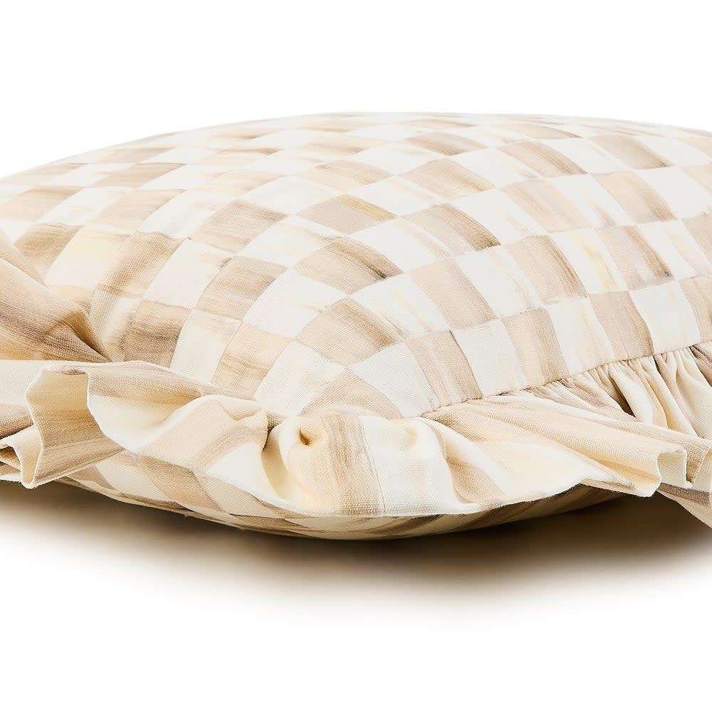 Mocha cotton throw pillow with ruffle trim featuring a check pattern