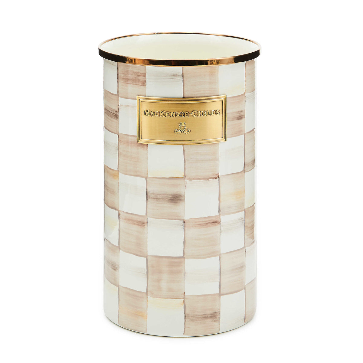 Hand-glazed steel utensil holder with mocha checkered pattern and bronzed stainless rim