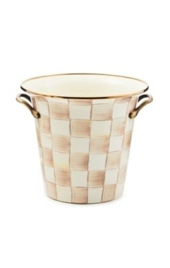 Hand-glazed steel wine cooler with mocha checkered pattern, bronzed stainless rim, and antiqued brass handles.
