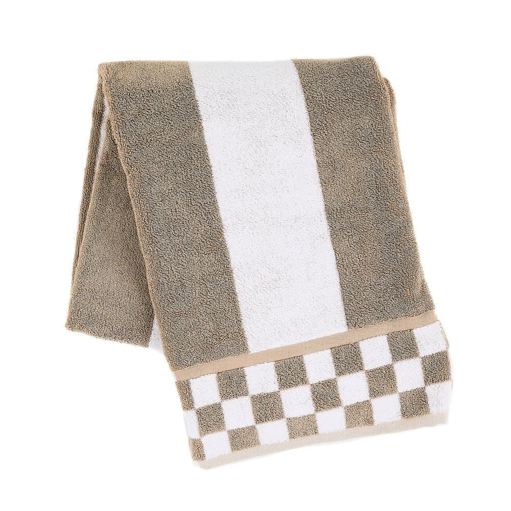 Mocha cotton bath towel with white horizontal stripes