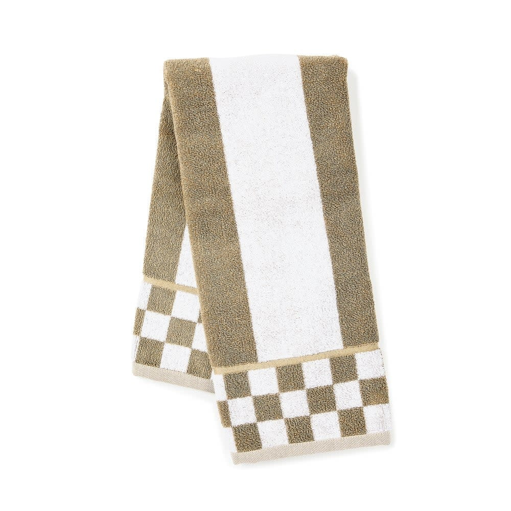 Mocha cotton hand towel with white horizontal stripes